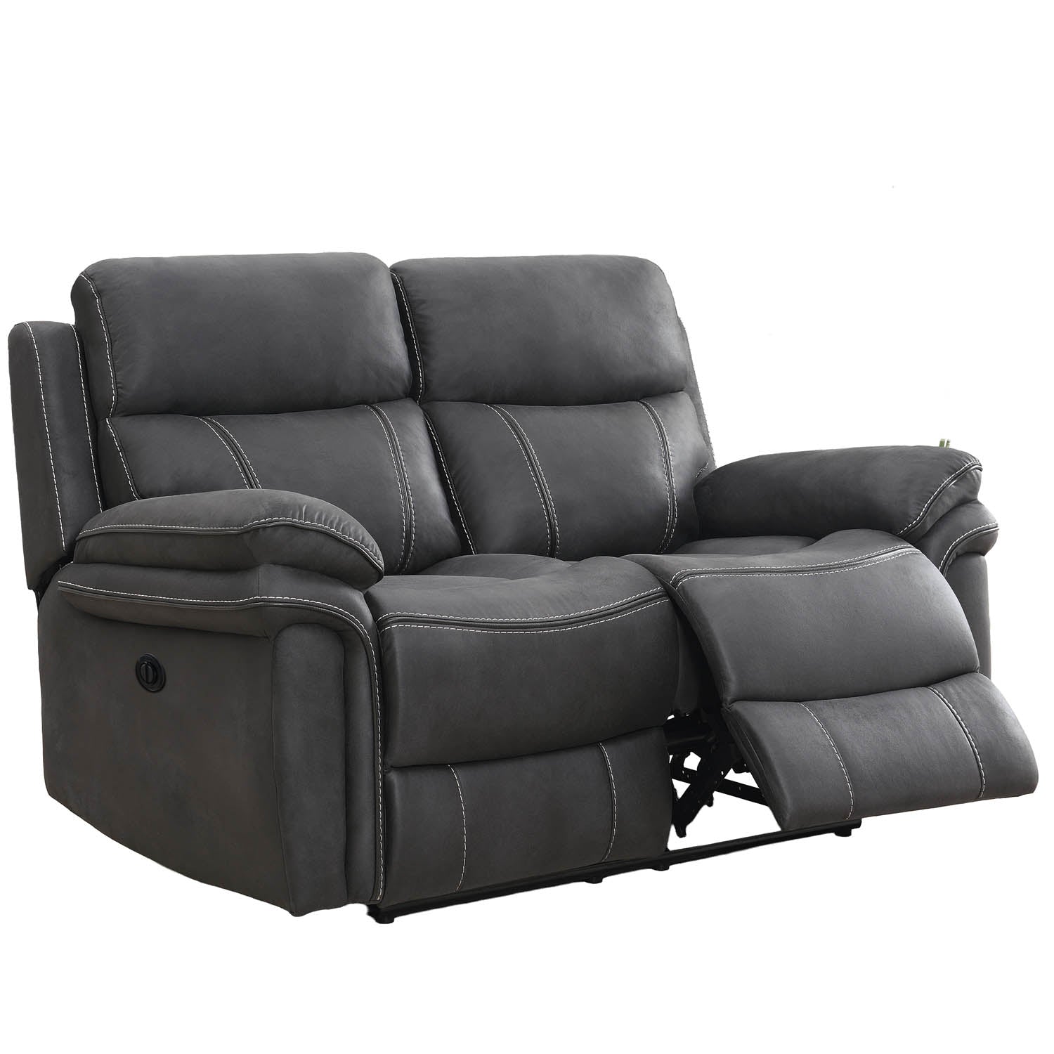 A dark gray two-seater power reclining loveseat with white contrast stitching, shown with the right footrest extended, on a plain white background.