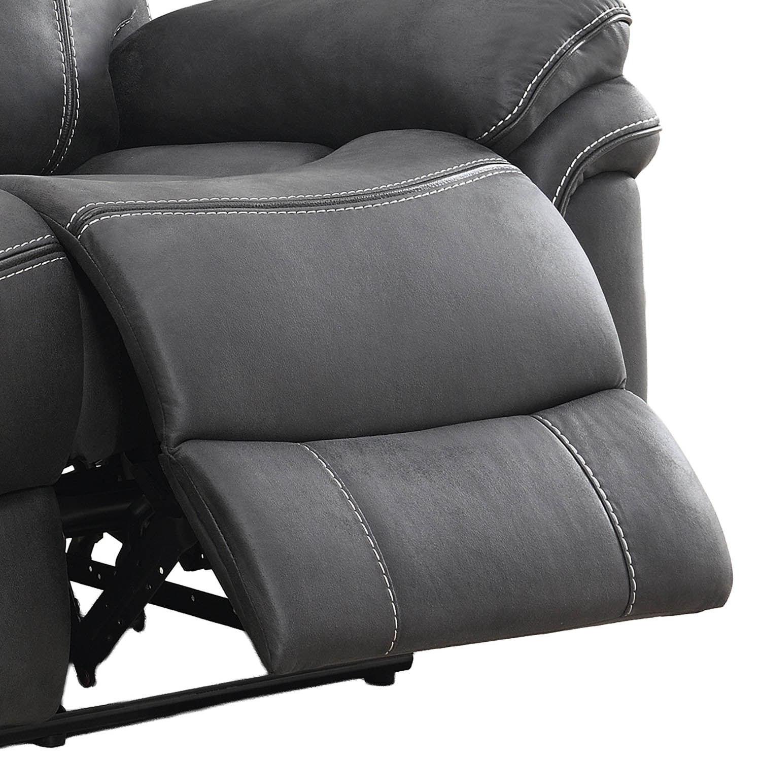 Close-up of a dark gray recliner chair showing the extended footrest and padded armrest with white contrast stitching, isolated on a white background.