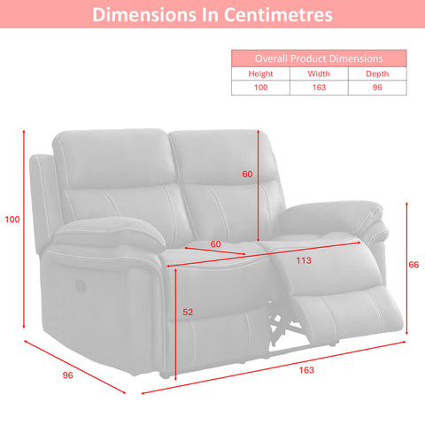 A dimension diagram of a light gray recliner loveseat with red measurement lines and labels showing height, width, and depth in centimeters, plus a small product dimensions table at the top right.
