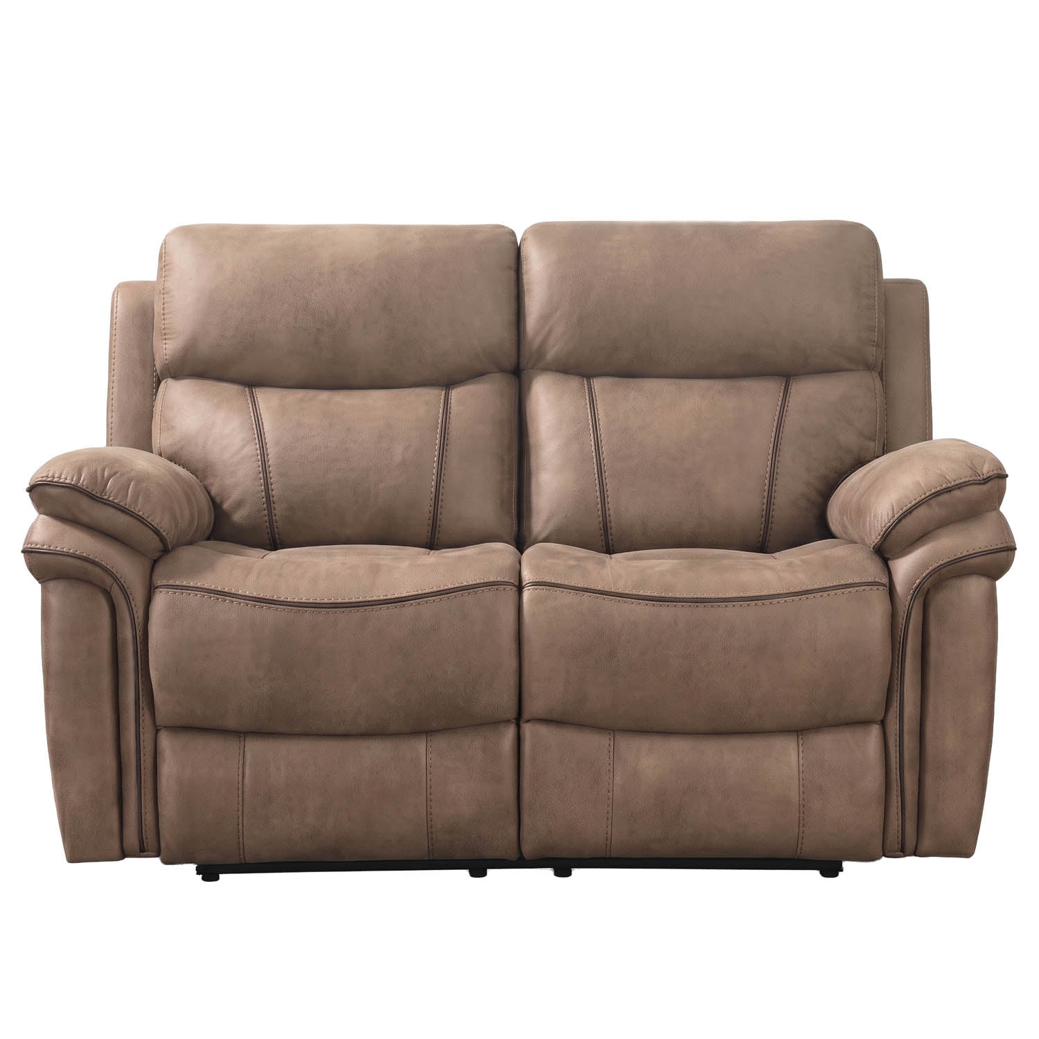 A two-seater power reclining loveseat sofa upholstered in a textured taupe-brown fabric, shown against a plain white background.