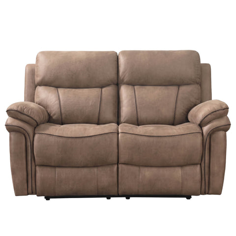 A two-seater power reclining loveseat sofa upholstered in a textured taupe-brown fabric, shown against a plain white background.