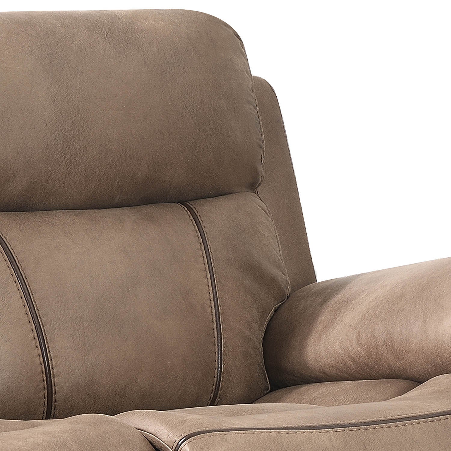 Close-up of a taupe brown upholstered recliner chair showing the backrest, armrest, and contrast stitching against a white background.