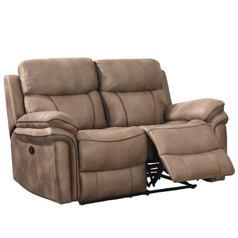 A two-seater power recliner loveseat in taupe brown faux leather, with the right side reclined to show the extended footrest and black metal frame.