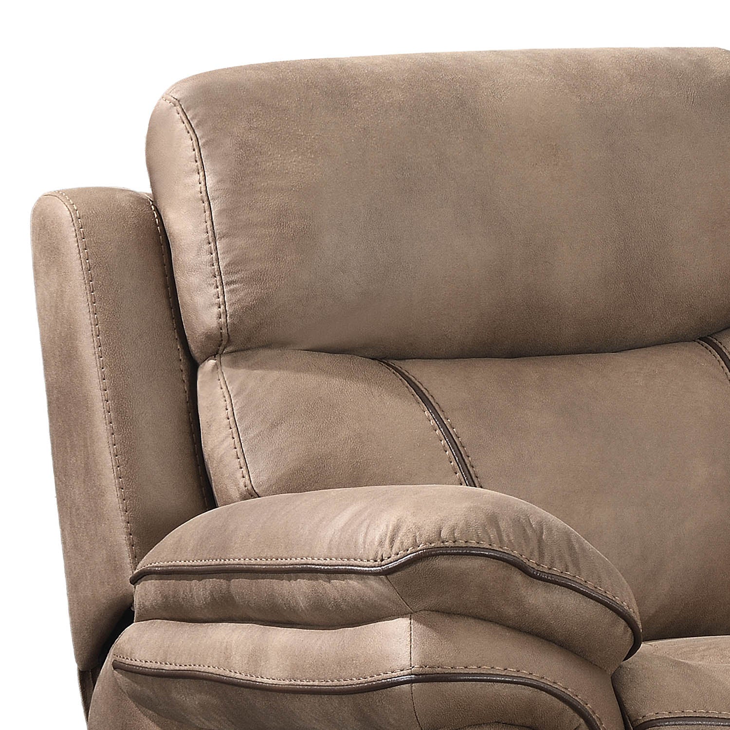 Close-up of a plush upholstered recliner chair in a warm taupe-brown fabric, showing the backrest, armrest, and padded seat cushion with contrast stitching.
