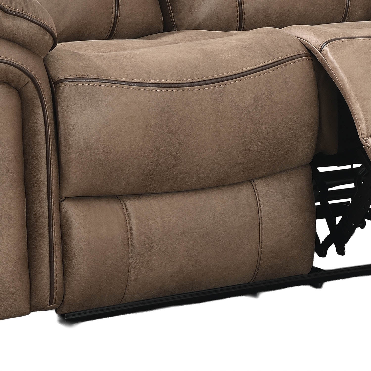 Close-up of a brown upholstered recliner sofa showing the side cushion, stitching, and part of the extended footrest mechanism.