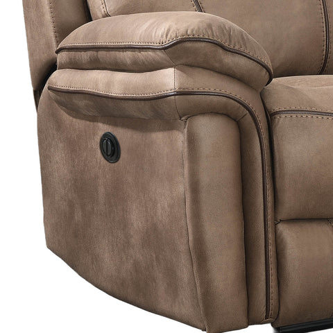 Close-up of a brown upholstered recliner chair showing the side armrest, button control, and stitching details against a white background.