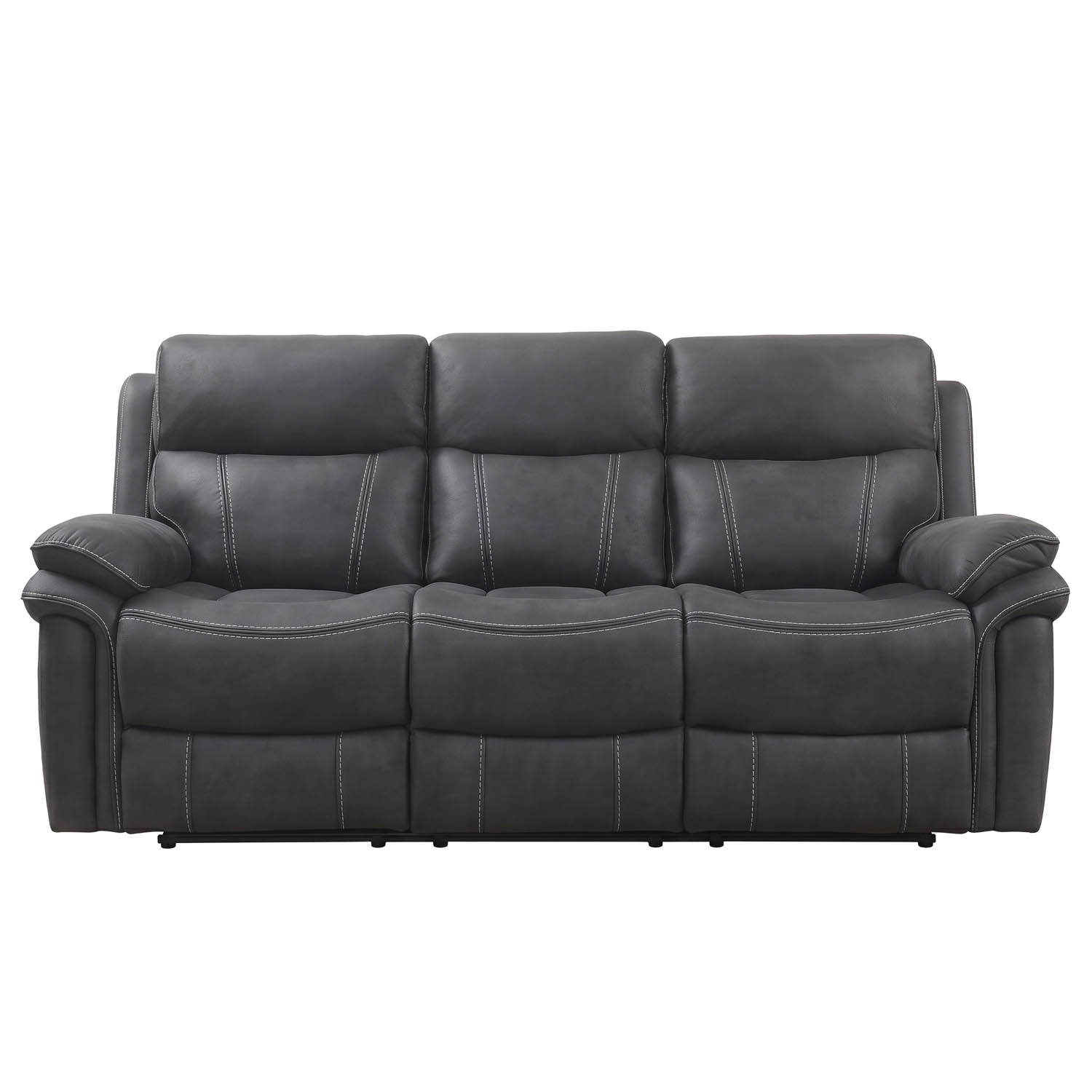 A three-seat power reclining sofa upholstered in dark charcoal gray leather, shown from a front-facing perspective against a plain white background.