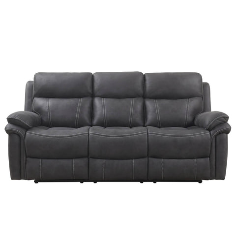 A three-seat power reclining sofa upholstered in dark charcoal gray leather, shown from a front-facing perspective against a plain white background.