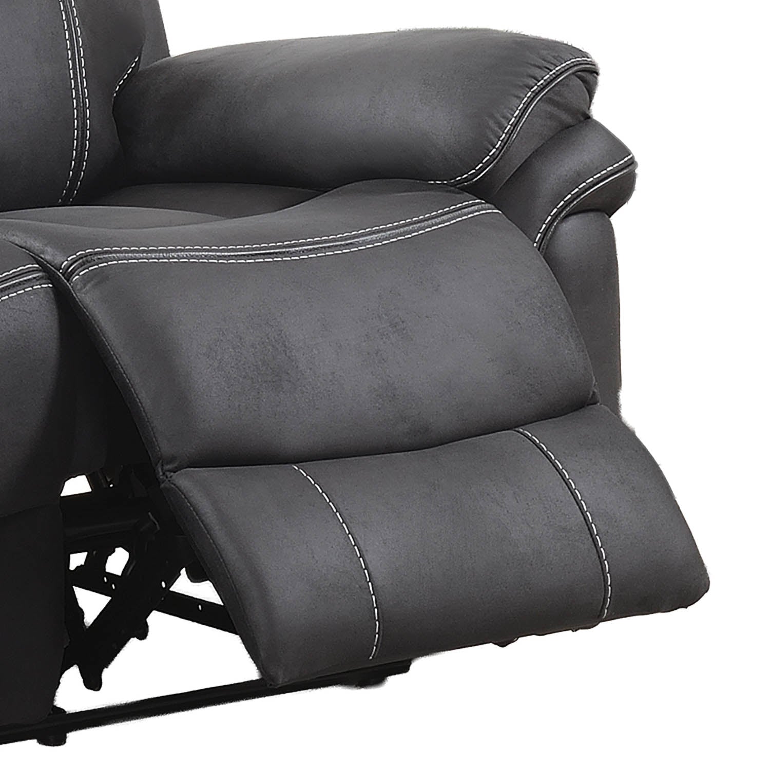 Close-up of a dark gray recliner chair with white contrast stitching, showing the padded backrest and extended footrest against a white background.
