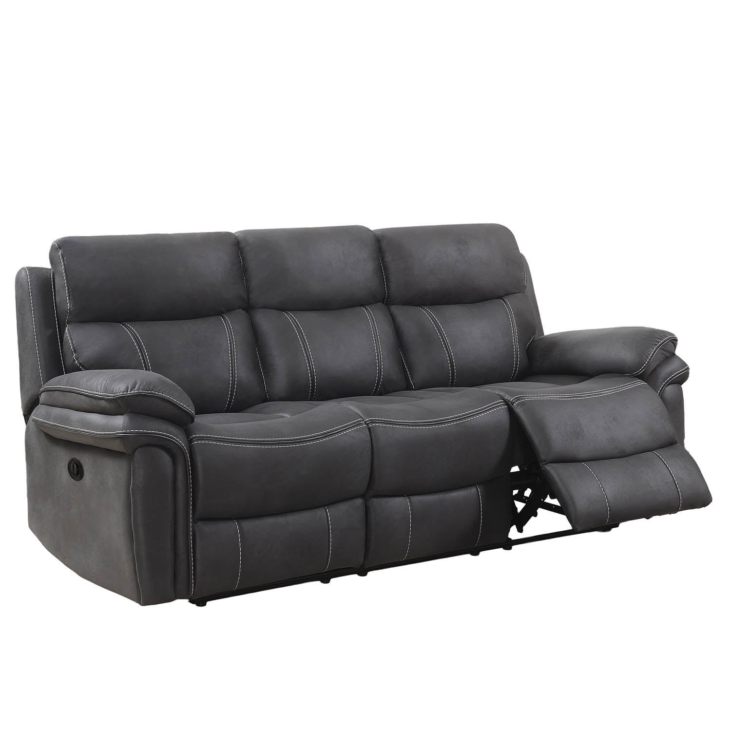 A dark gray three-seat reclining power sofa with a partially extended right footrest, shown against a plain white background.