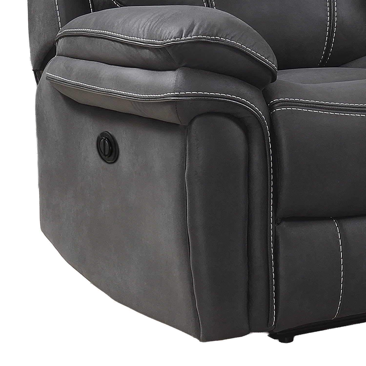 Close-up of a dark gray upholstered recliner chair showing the side bolster, padded armrest, white contrast stitching, and a black power control button on a white background.