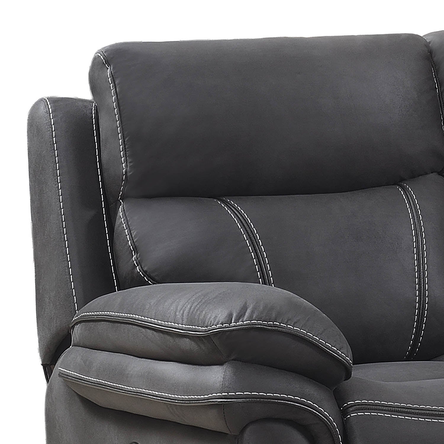 Close-up of a dark gray upholstered recliner chair showing the backrest, armrest, and decorative contrast stitching on a white background.