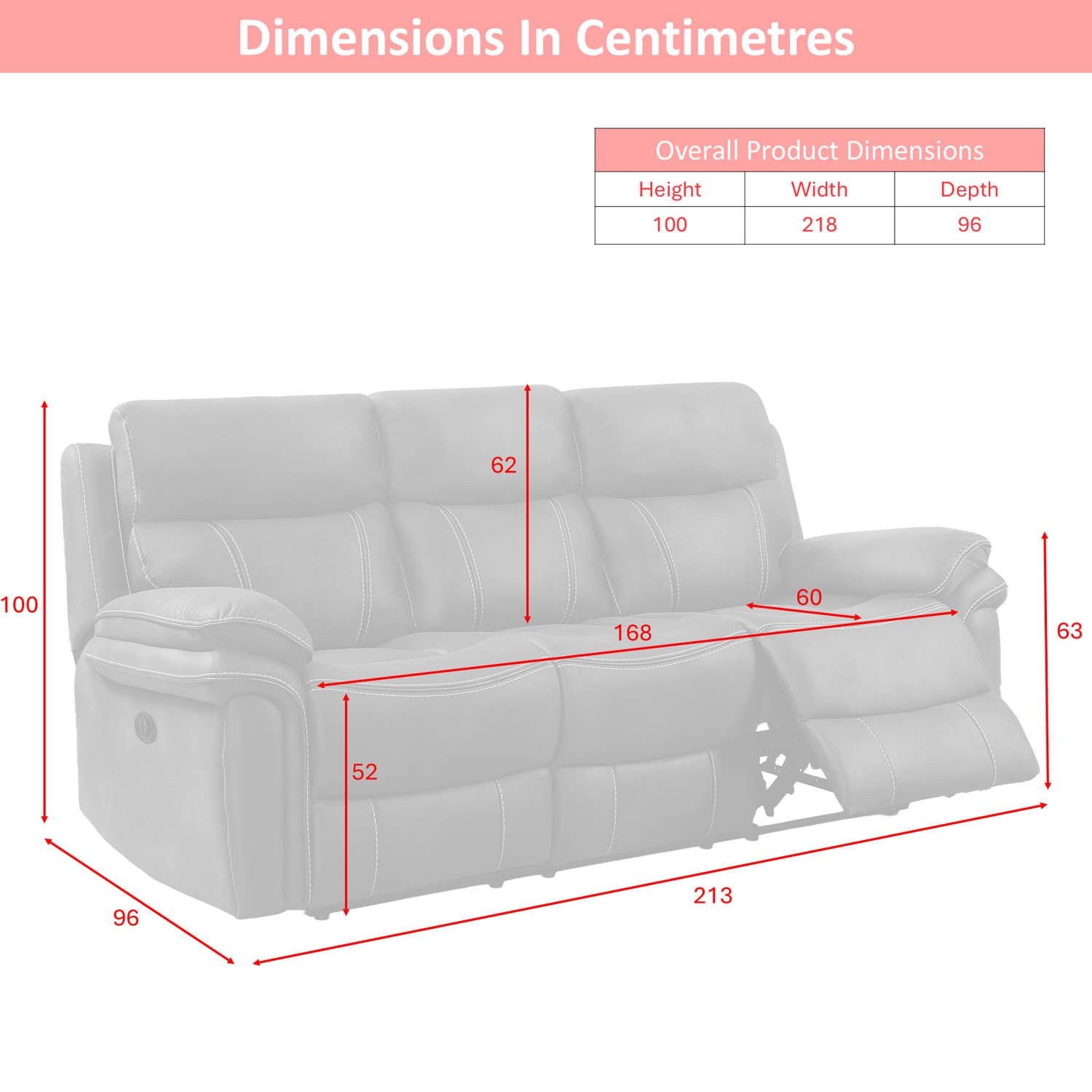 A dimension diagram of a 3 Seater reclining sofa on a white background, with red measurement lines and labels showing height, width, and depth in centimetres. A small product dimensions table appears in the upper right, and the heading reads 'Dimensions In Centimetres'.
