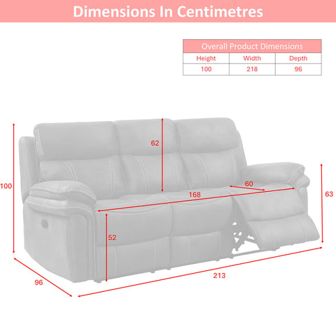 A dimension diagram of a 3 Seater reclining sofa on a white background, with red measurement lines and labels showing height, width, and depth in centimetres. A small product dimensions table appears in the upper right, and the heading reads 'Dimensions In Centimetres'.