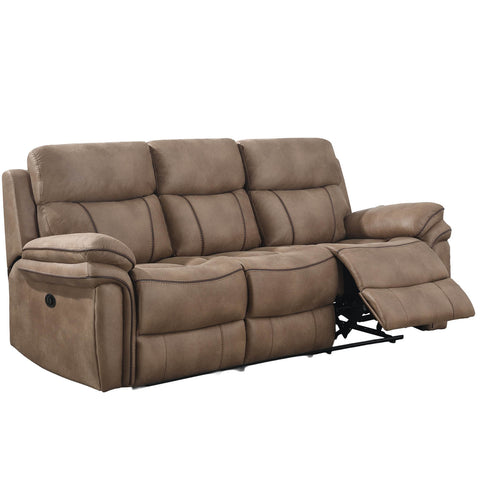 A three-seat reclining sofa upholstered in taupe-brown fabric, shown with the right side extended into a reclining position on a plain white background.