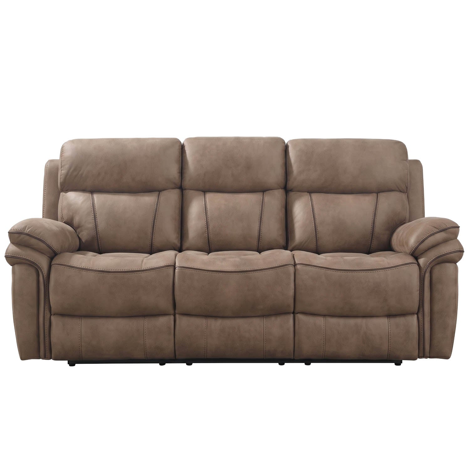 A three-seat power reclining sofa upholstered in a textured taupe-brown fabric, shown from a straight-on front angle against a plain white background.