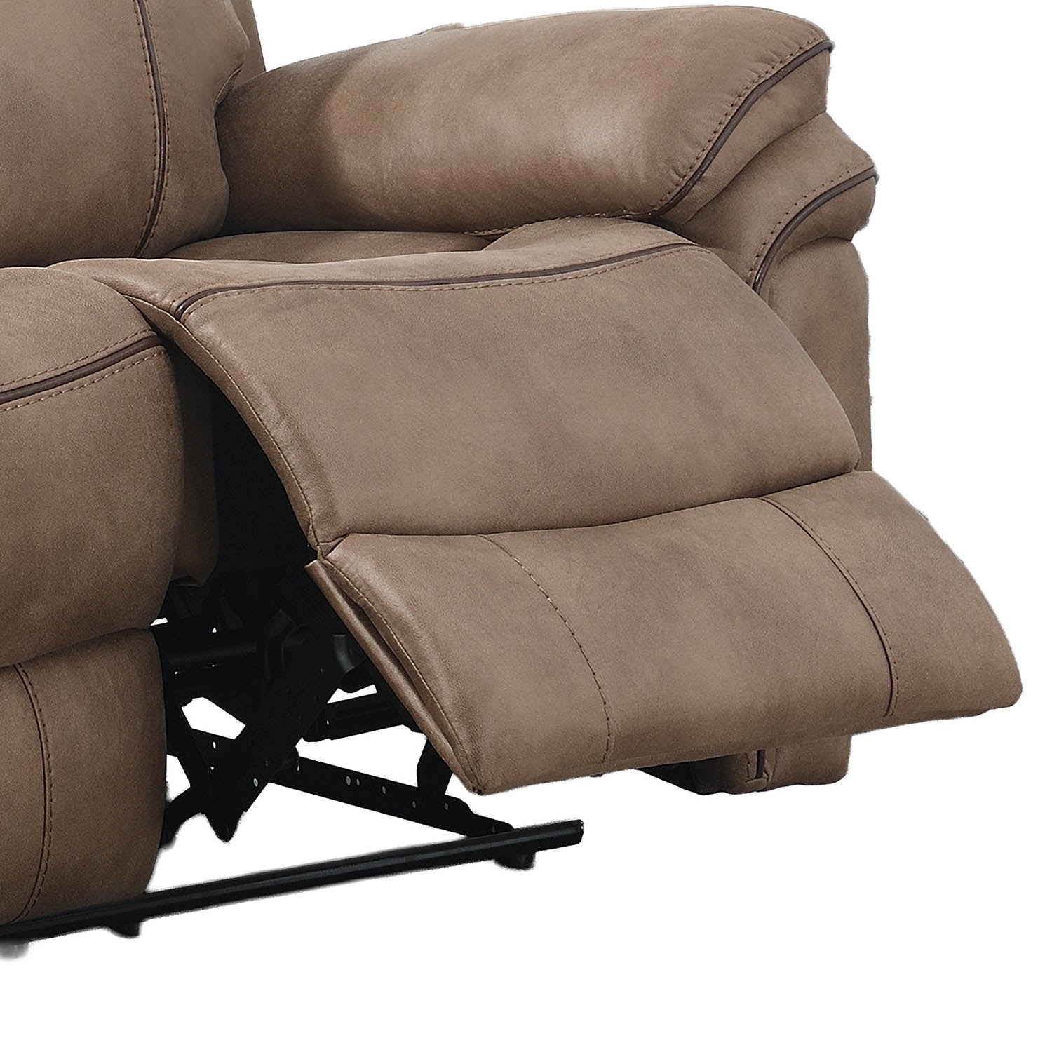 Close-up of a brown reclining leather or faux-leather sofa chair with the footrest extended, showing the reclining mechanism and clean white background.