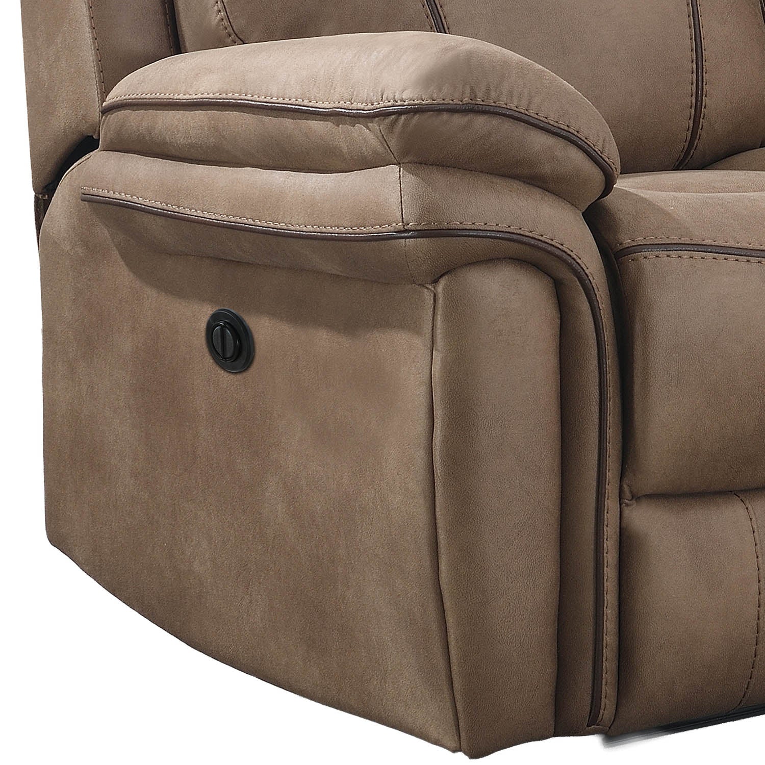 Close-up of a taupe brown recliner chair showing the side pocket and power control button, with clean white background.