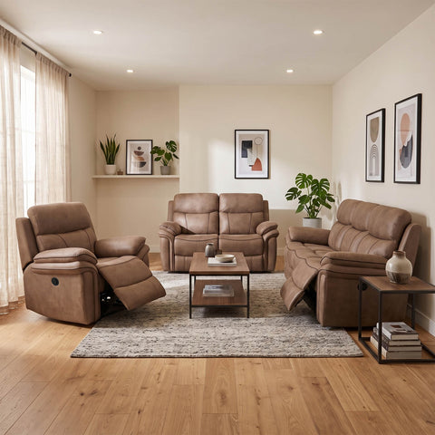 A staged living room showing a coordinated set of brown upholstered furniture: a recliner with the seat extended, a two-seat recliner, a sofa, a small coffee table, and a side table on a patterned rug over light wood flooring.