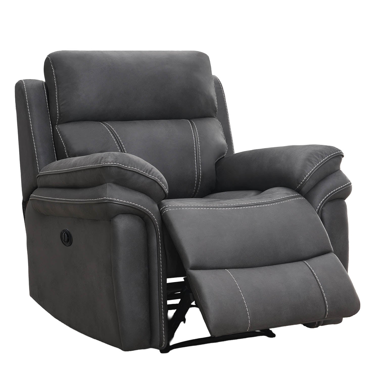 A Charcoal gray upholstered recliner chair with the footrest extended, shown on a plain white background.