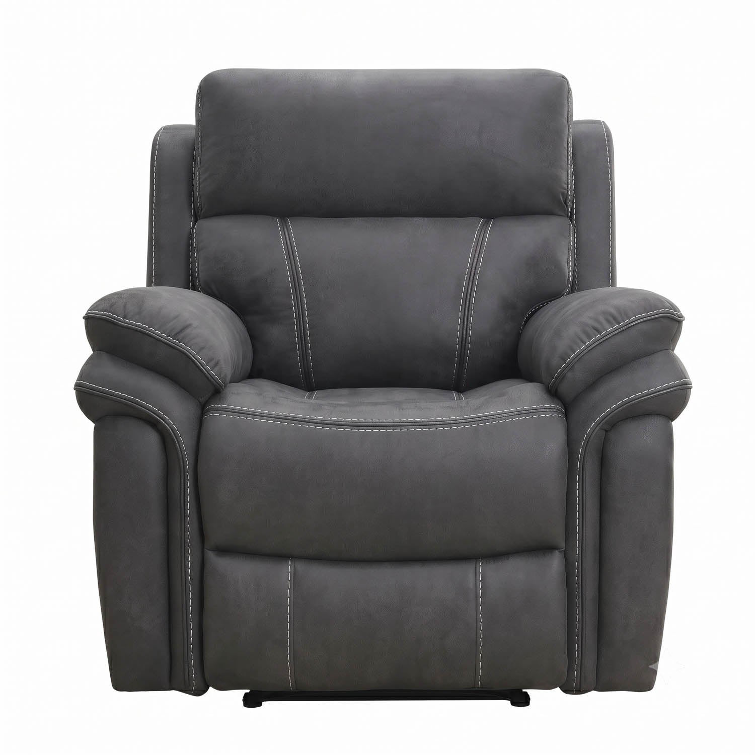 A Charcoal gray upholstered recliner chair with contrast light stitching, shown from the front against a plain white background.