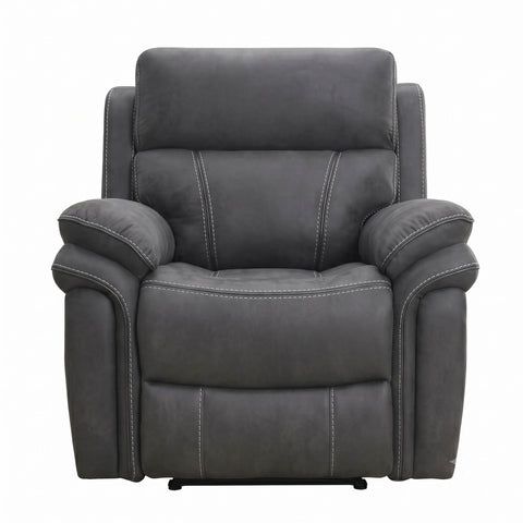 A Charcoal gray upholstered recliner chair with contrast light stitching, shown from the front against a plain white background.