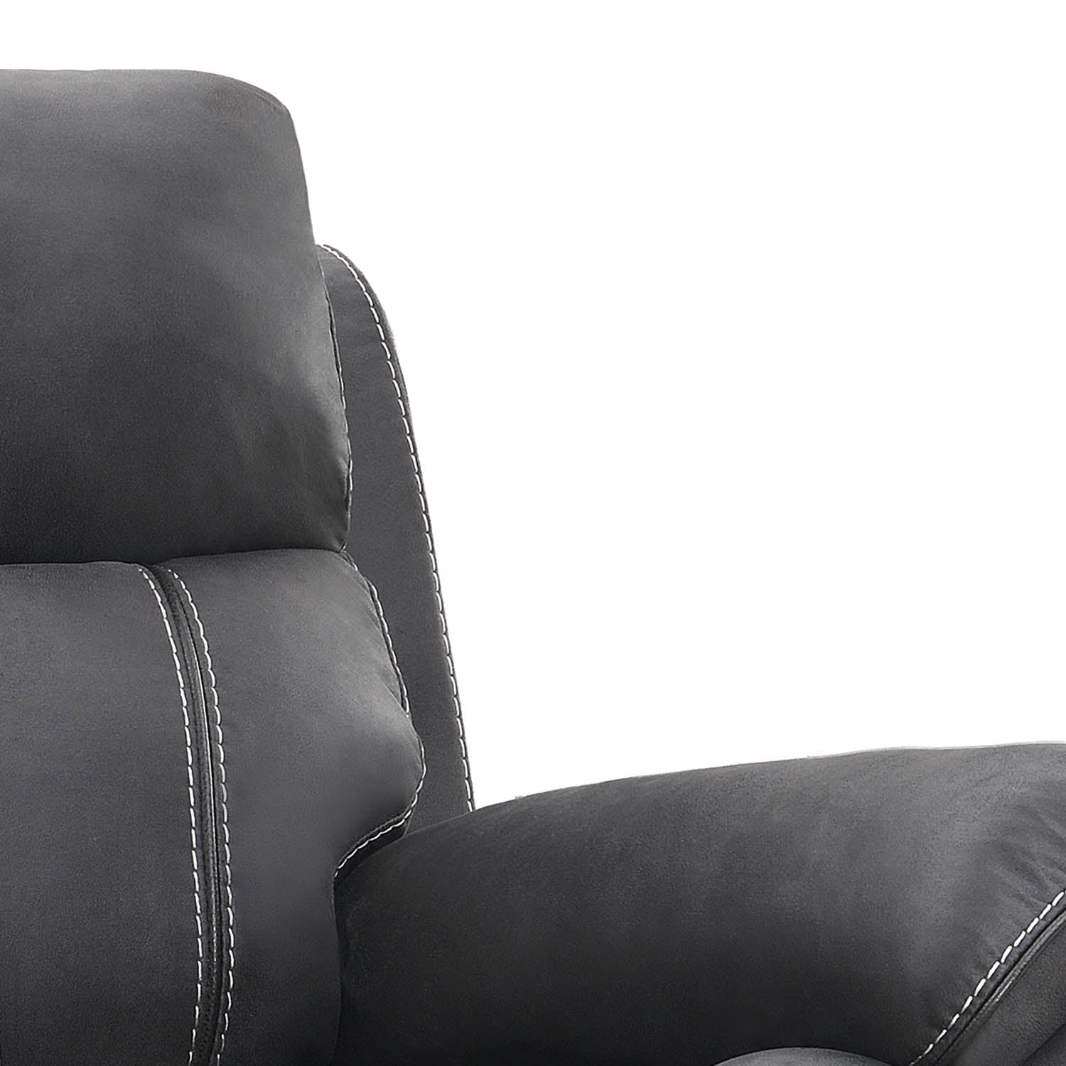 Close-up of a dark gray upholstered chair with white contrast stitching, showing the backrest and armrest against a plain white background.
