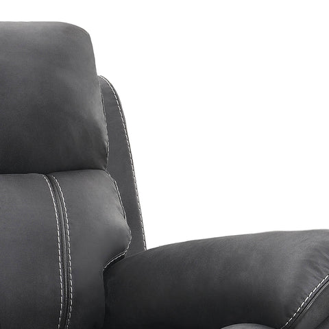 Close-up of a dark gray upholstered chair with white contrast stitching, showing the backrest and armrest against a plain white background.