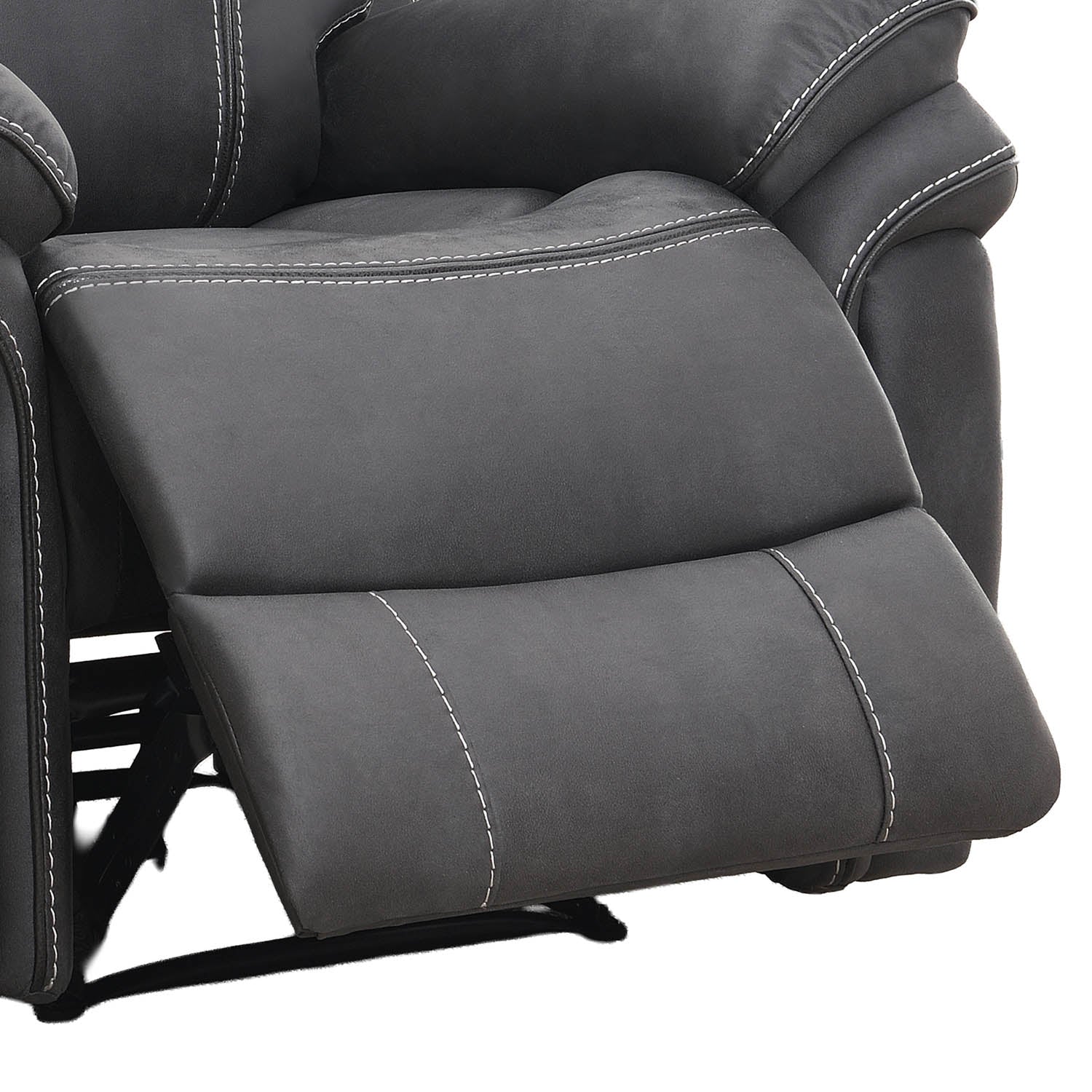 Close-up of a dark gray recliner chair with white contrast stitching, showing the extended footrest and padded armrests against a white background.