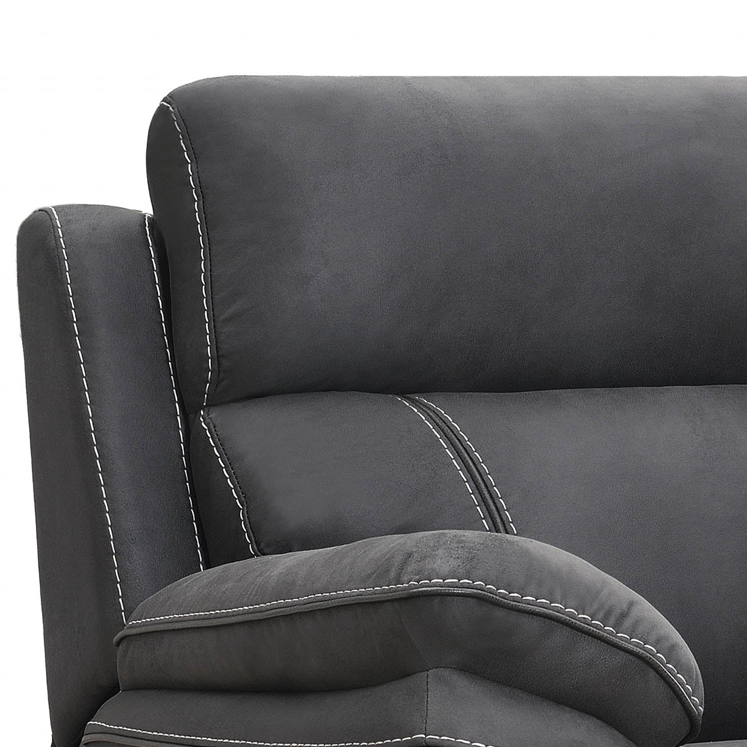 Close-up of a dark gray upholstered chair or recliner with white contrast stitching, showing the backrest, armrest, and cushion against a plain white background.