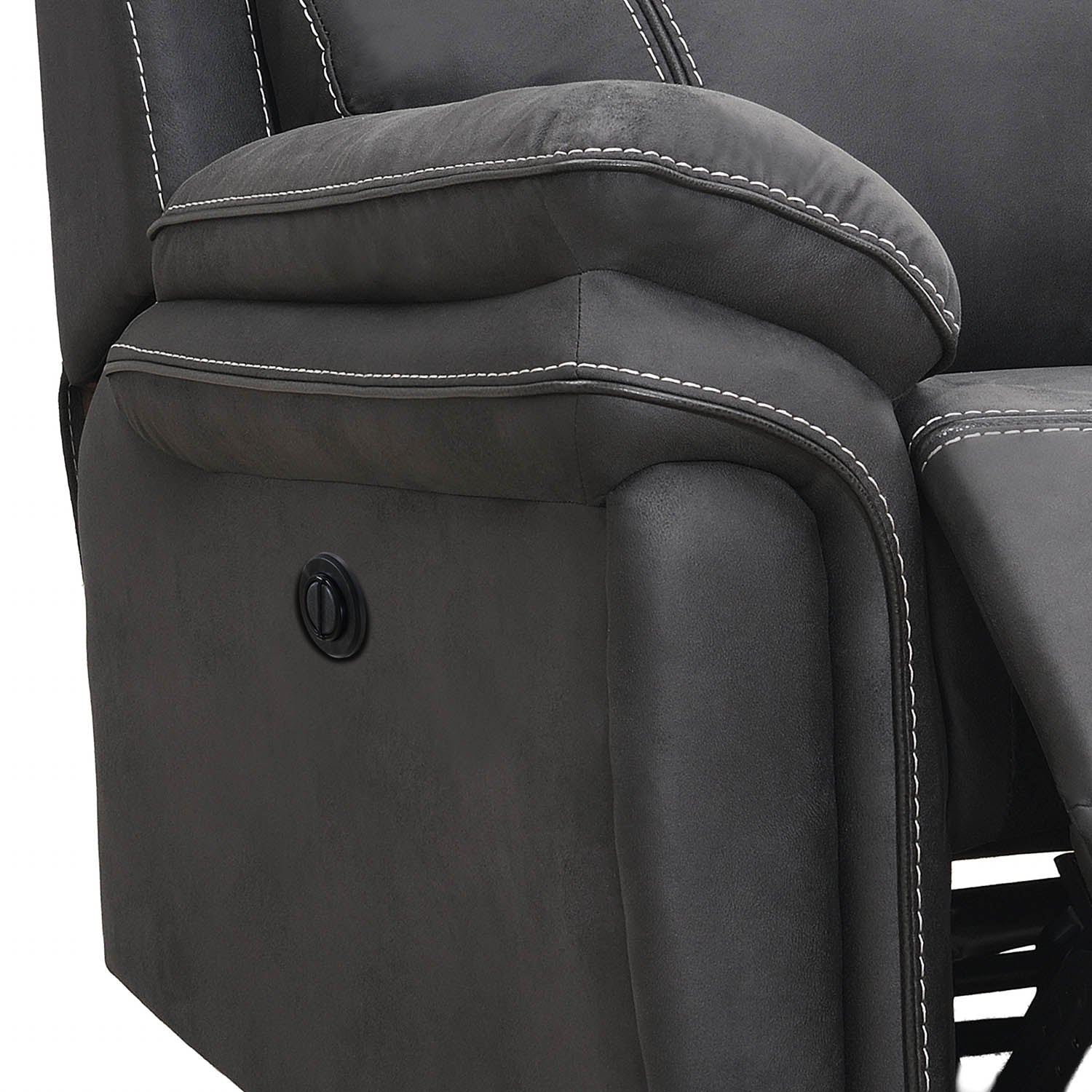 Close-up of a dark gray upholstered recliner chair showing the armrest, white contrast stitching, and a black power control button.