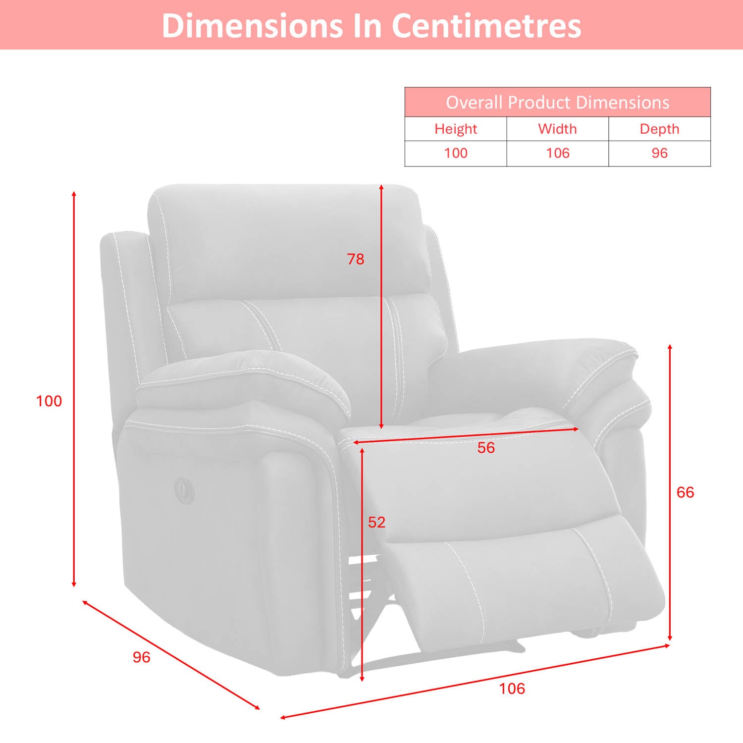 A product dimension diagram showing a Richmond recliner chair with red measurement lines and labels indicating height, width, and depth in centimeters, plus a small table of overall product dimensions at the top right.
