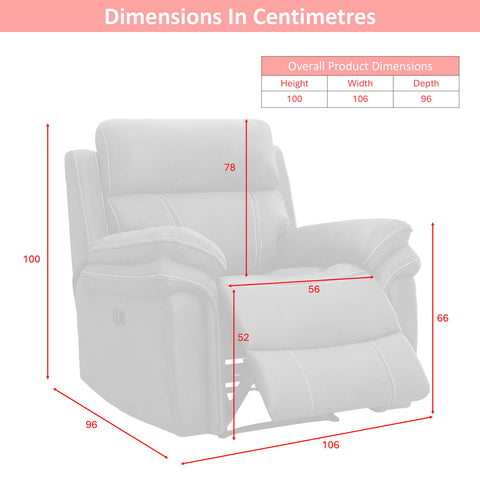 A product dimension diagram showing a Richmond recliner chair with red measurement lines and labels indicating height, width, and depth in centimeters, plus a small table of overall product dimensions at the top right.
