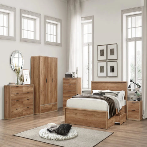 Rustic farmhouse bed with modern practical features.