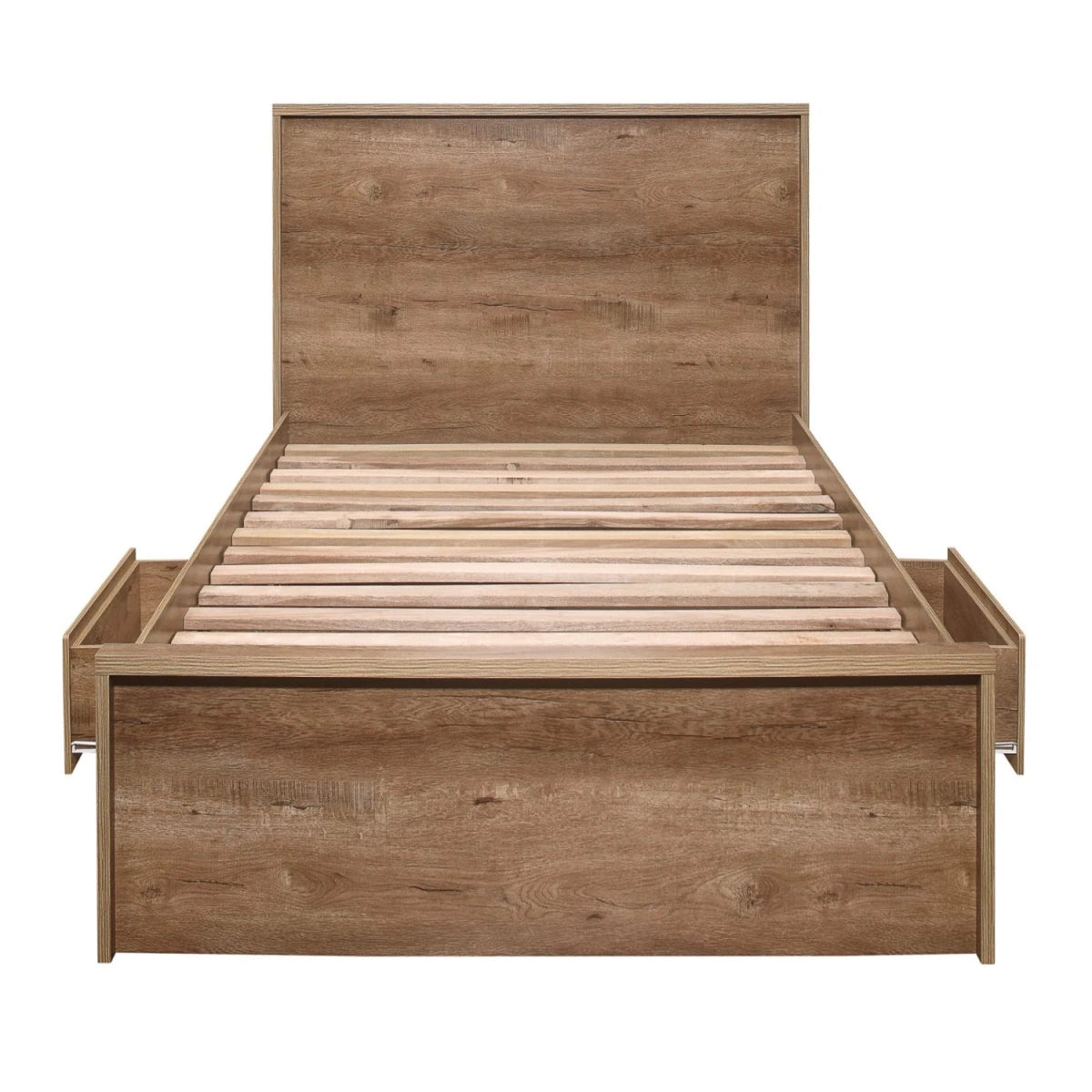 Spacious underbed drawers for bedding and clothing.