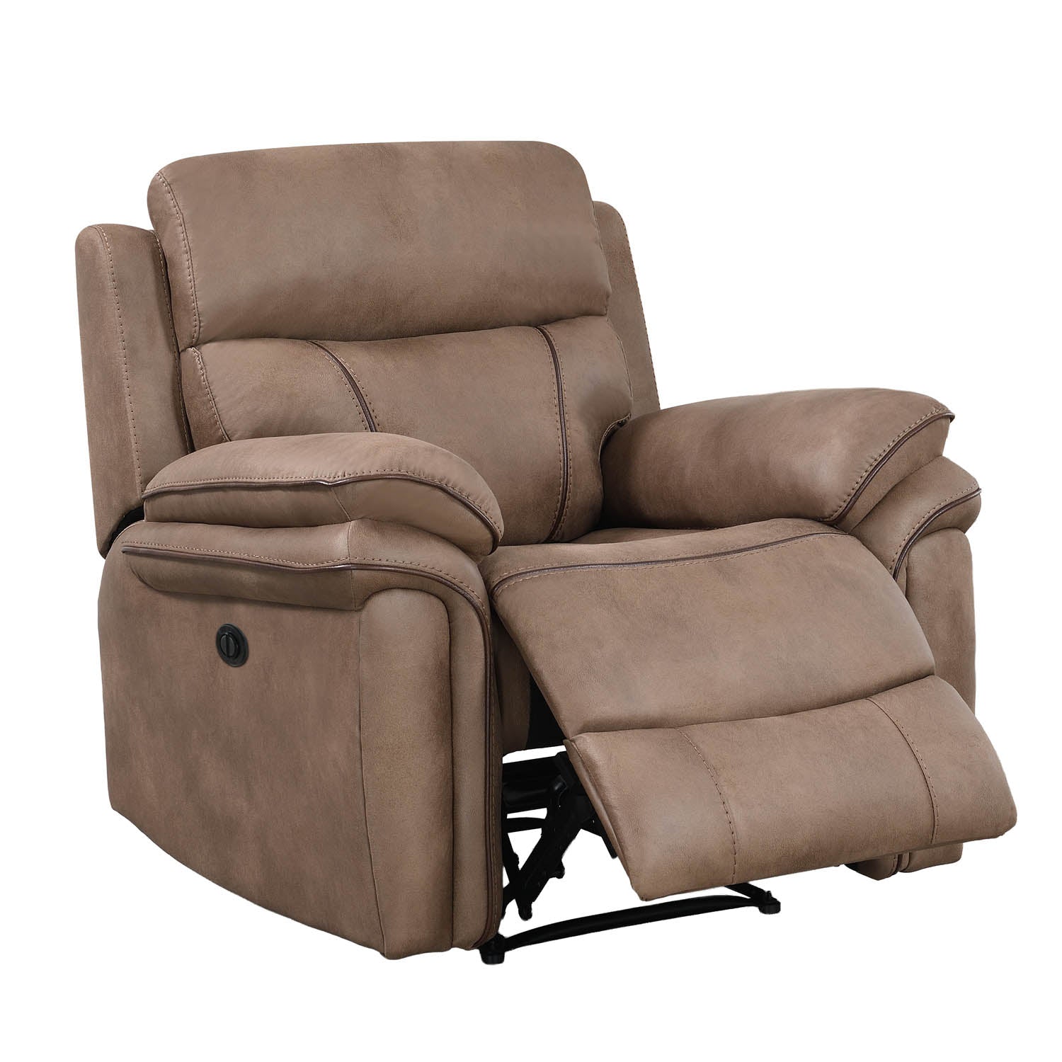A brown faux-leather recliner chair shown in a fully extended reclined position against a plain white background.