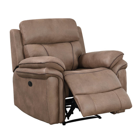 A brown faux-leather recliner chair shown in a fully extended reclined position against a plain white background.