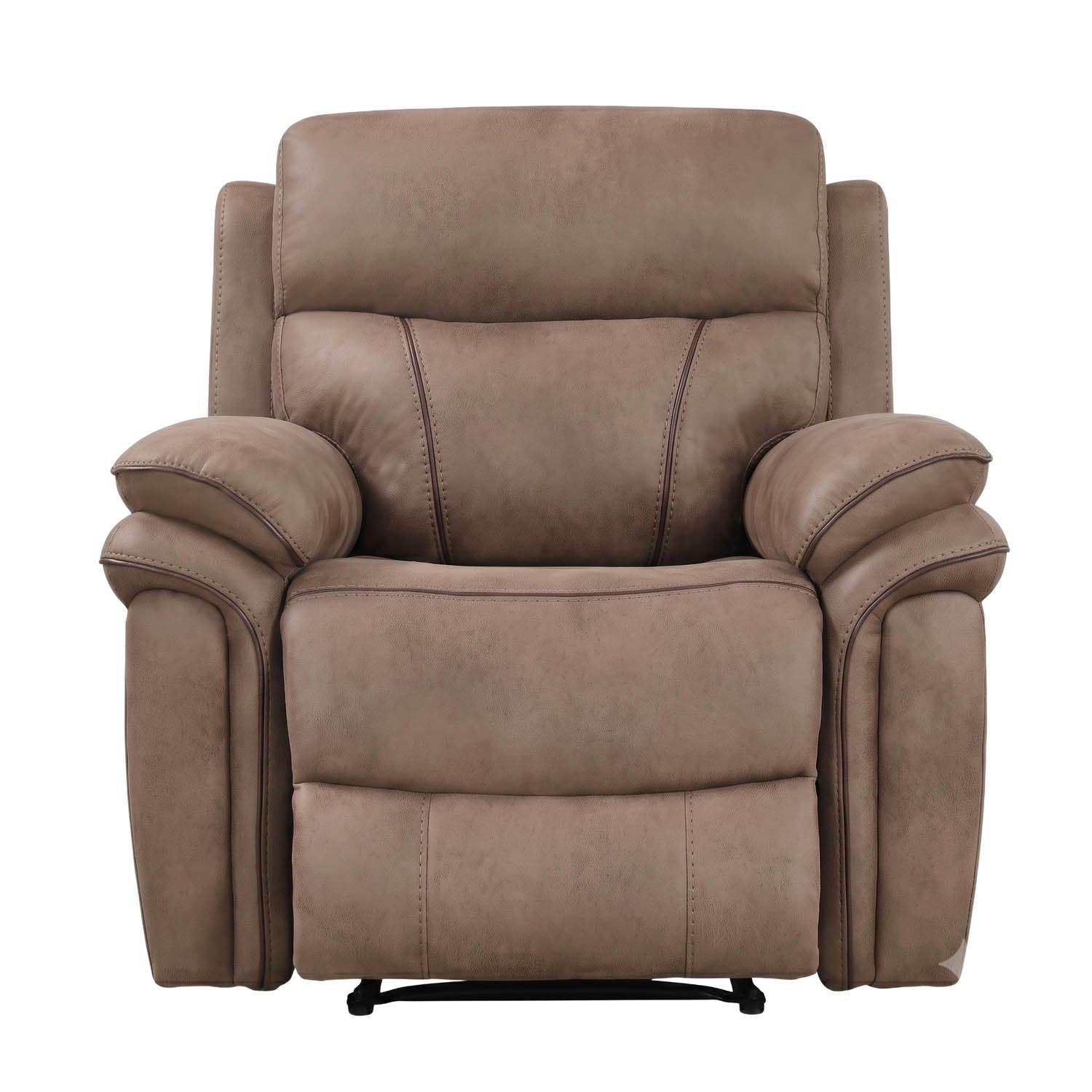 A brown faux-leather recliner chair with padded armrests and a high back, shown against a plain white background.