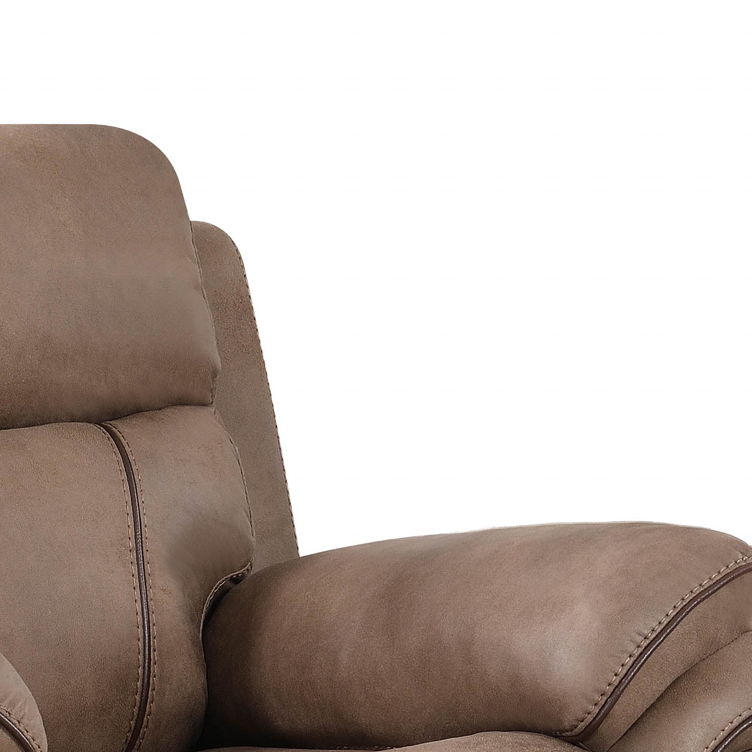 Close-up of a brown upholstered recliner chair showing the backrest, armrest, and stitching against a plain white background.