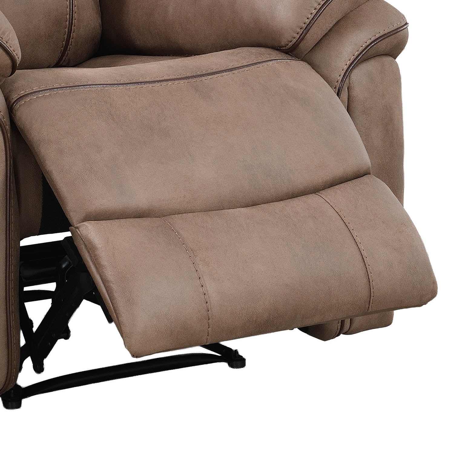 Close-up of a recliner chair with the footrest extended, upholstered in a taupe brown faux leather material with dark contrast stitching and a black metal support frame visible underneath.
