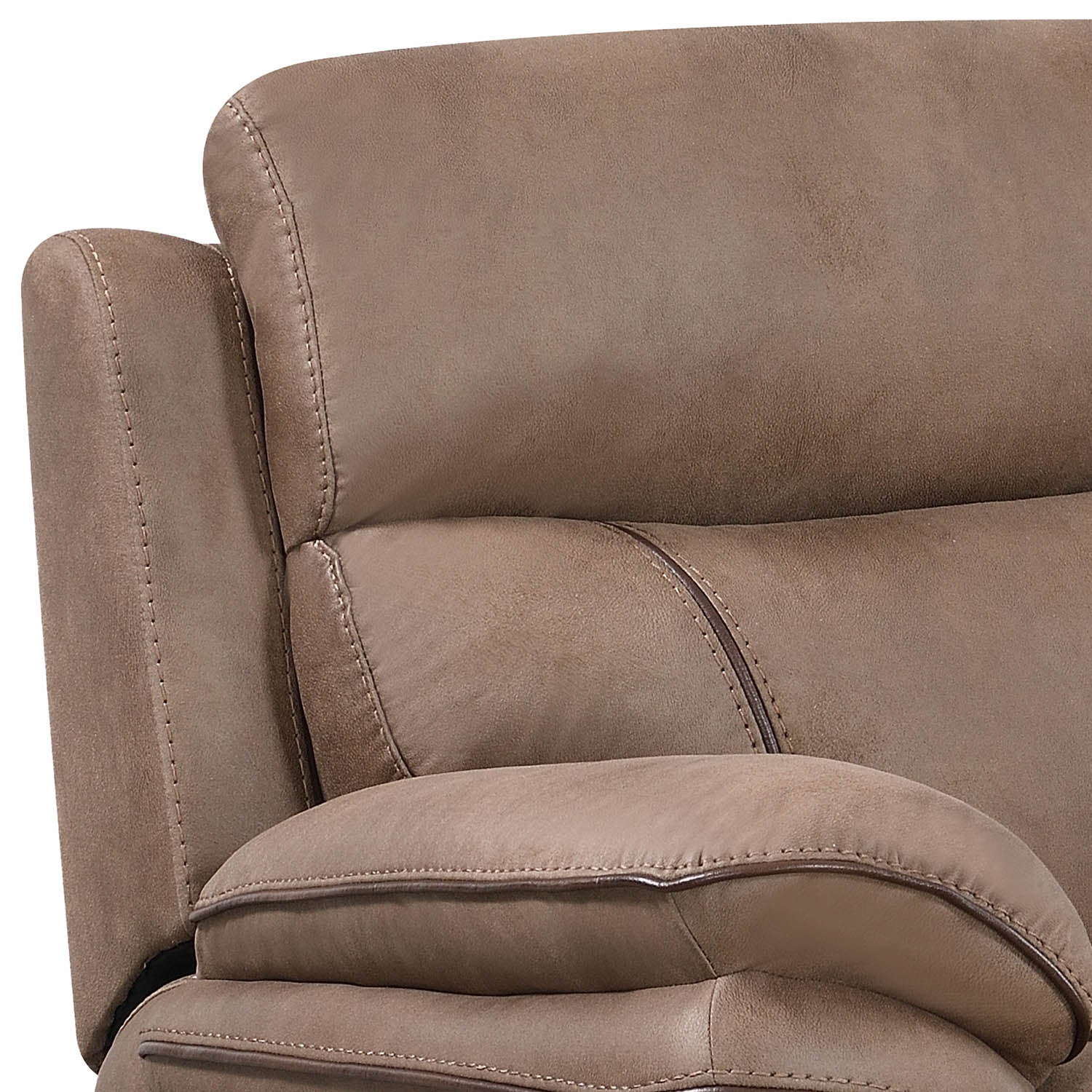 Close-up of a taupe brown upholstered recliner chair showing the textured fabric, stitching, and padded armrests against a plain white background.