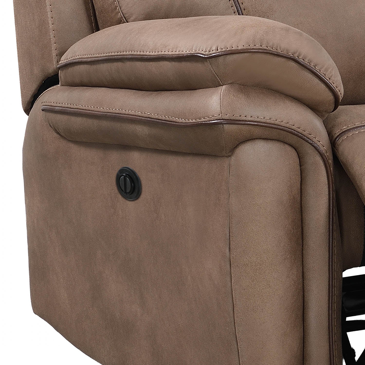 Close-up of a brown upholstered recliner chair showing the side panel, armrest, and a black control button.