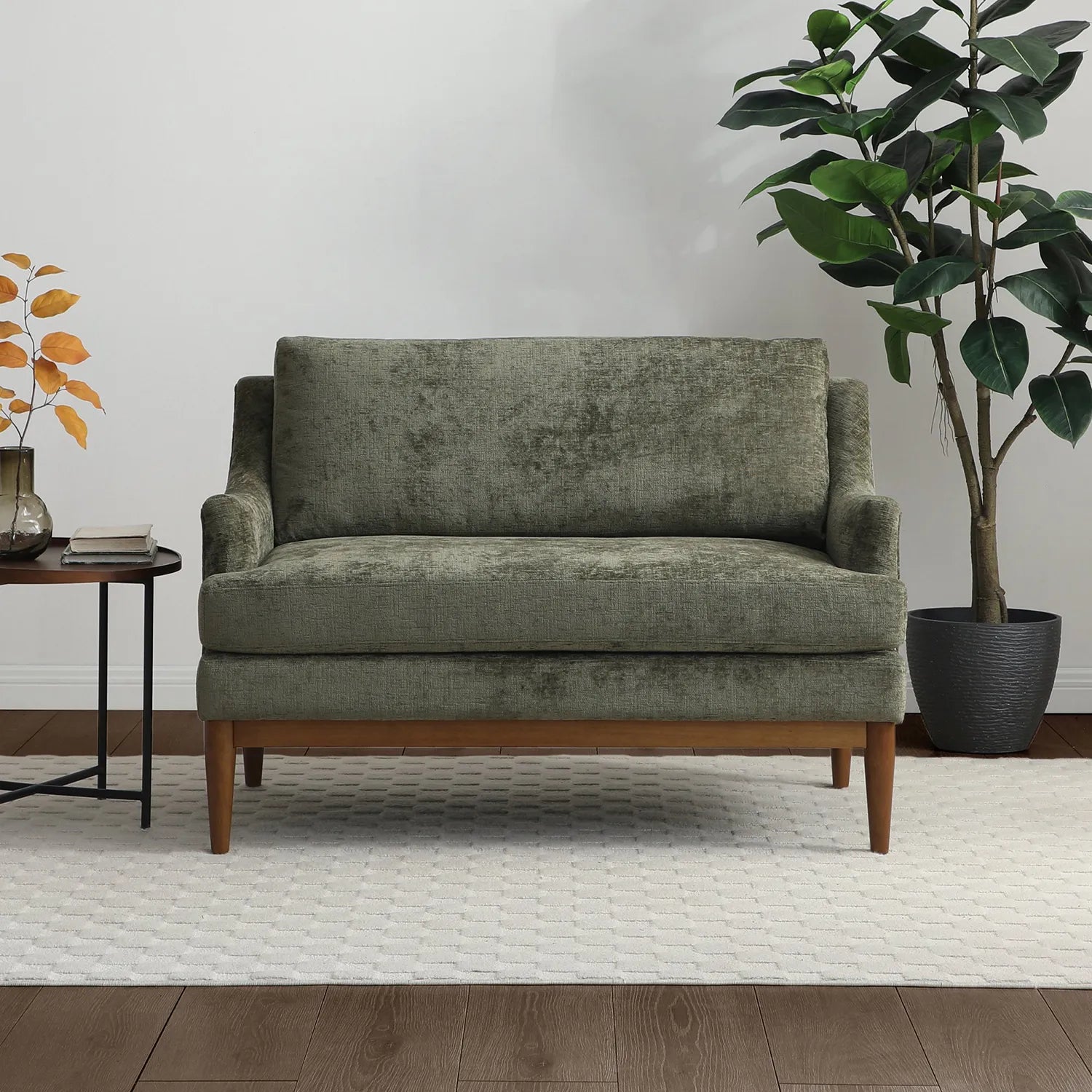 Rihanna Olive Chenille Upholstered Hall way sofa with Wood Base