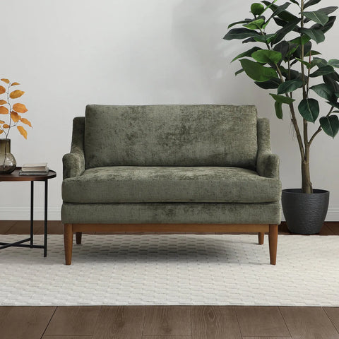 Rihanna Olive Chenille Upholstered Hall way sofa with Wood Base
