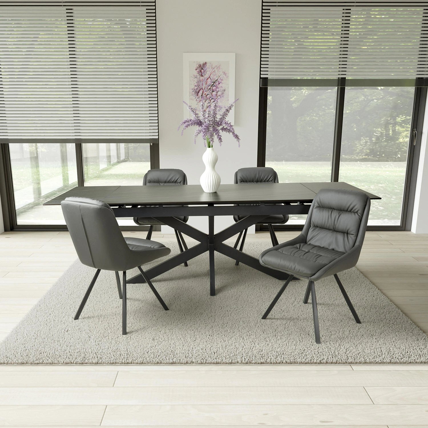 Riley Graphite Sintered Stone Extending Dining Table with Grey Swivel Chairs