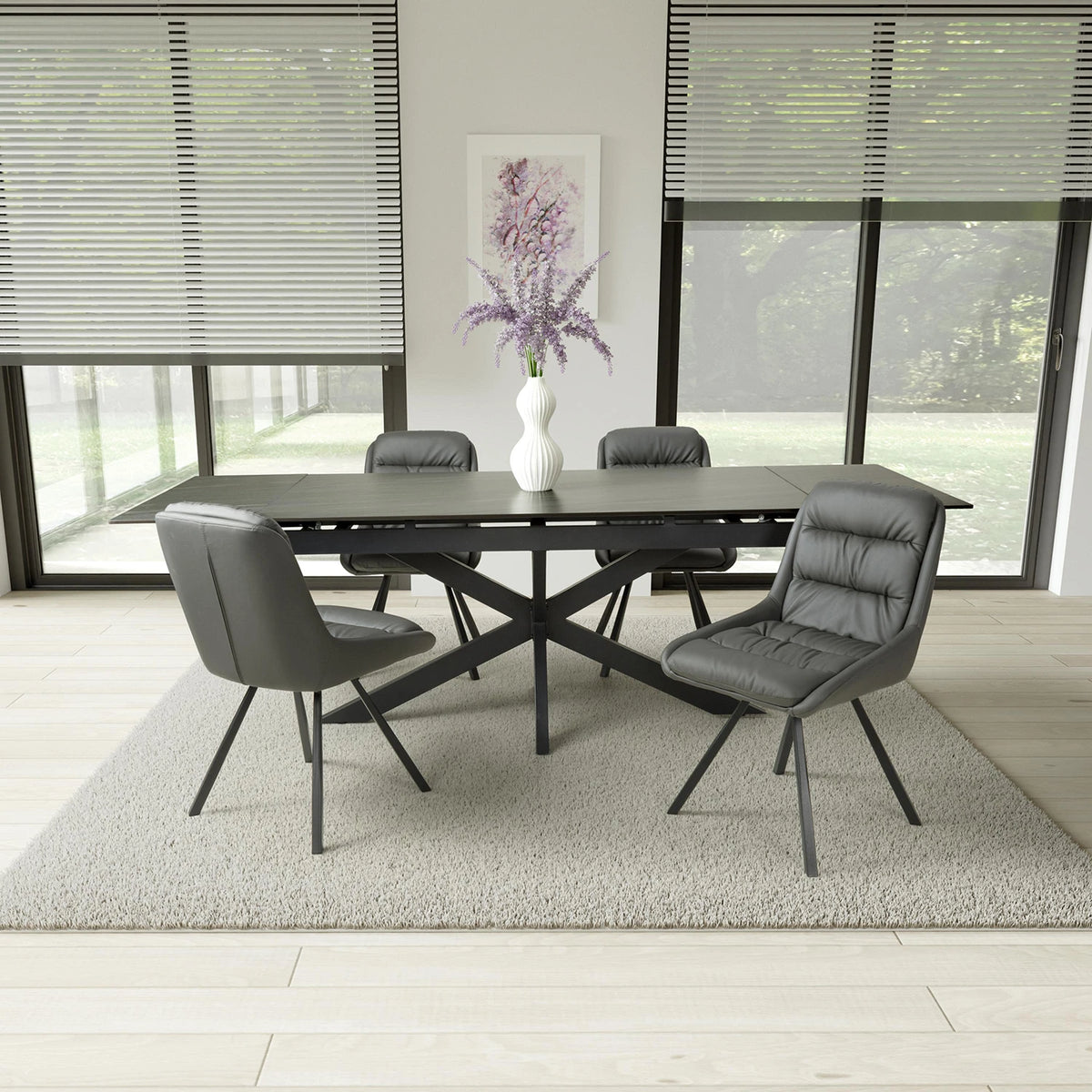 Riley Graphite Sintered Stone Extending Dining Table with Grey Swivel Chairs