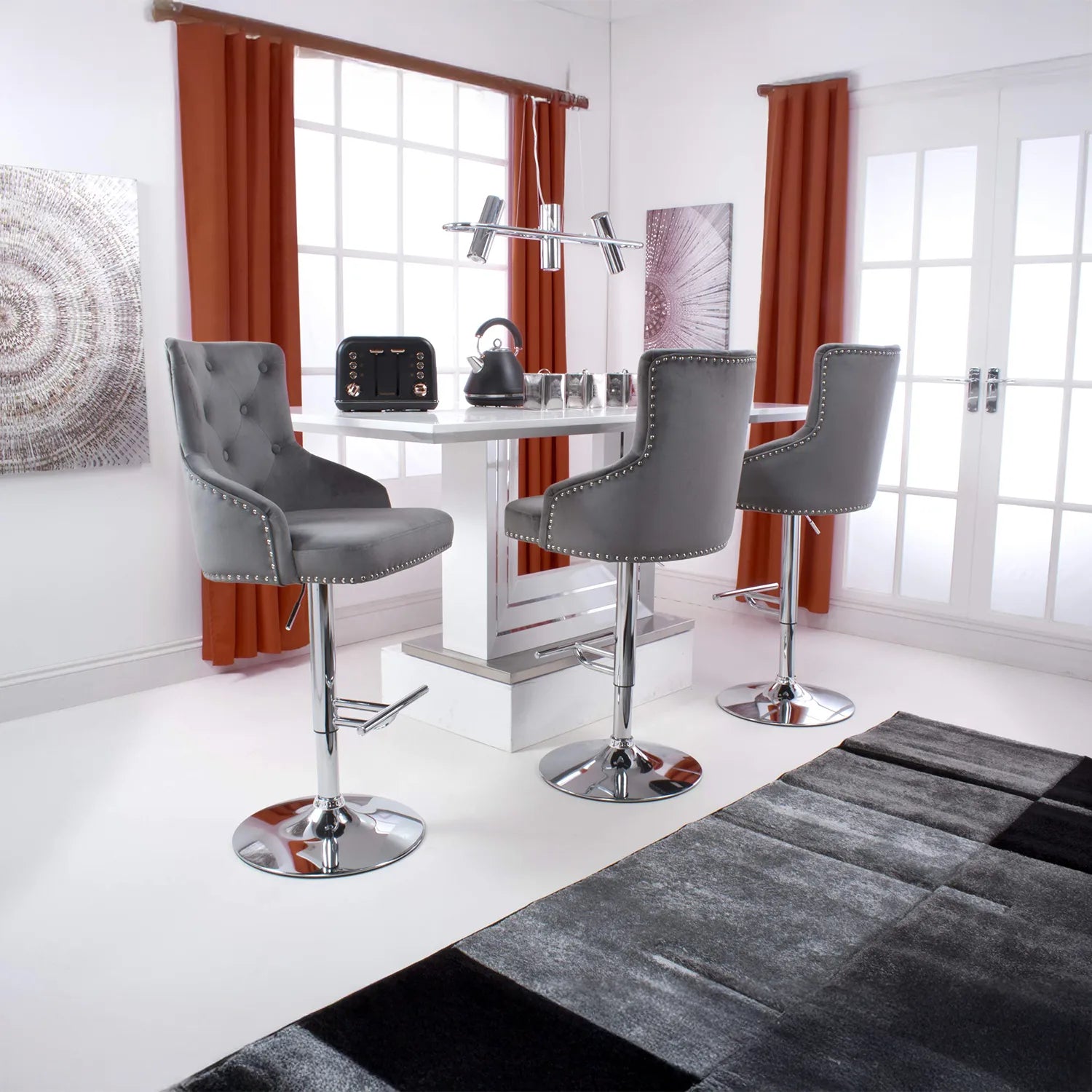 Rimini Height Adjustable Grey Brushed Velvet Bar Stool - Pendle Village Furniture