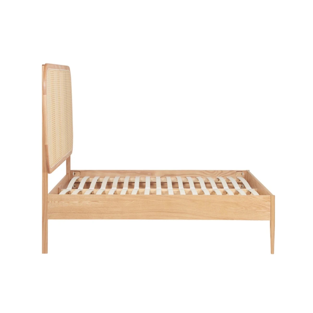 Solid wooden bed frame with natural finish and durable construction.