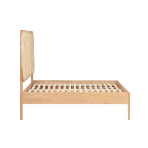 Solid wooden bed frame with natural finish and durable construction.