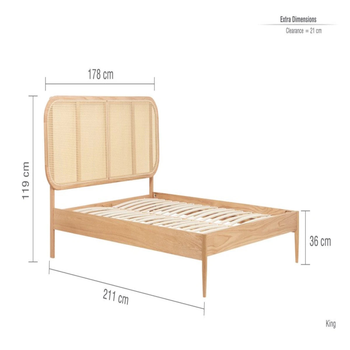 Detailed bed frame measurements with headboard height information.
